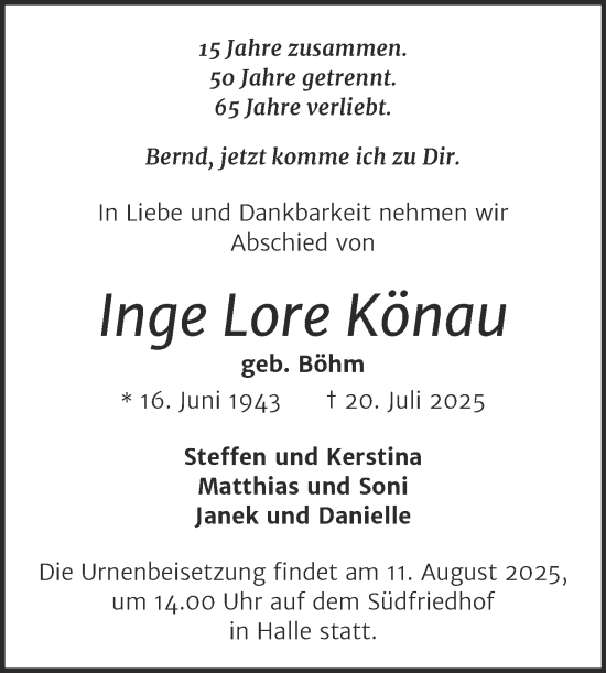 Traueranzeige von Inge Lore Könau von Mitteldeutsche Zeitung Halle/Saalkreis