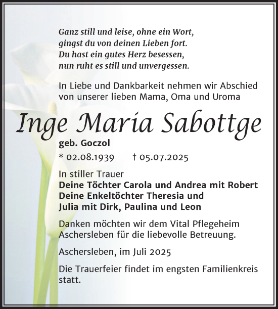 Traueranzeige von Inge Maria Sabottge von Trauerkombi Aschersleben