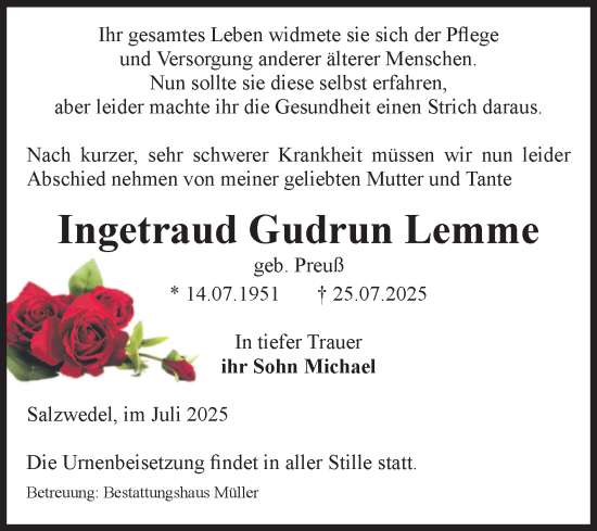 Traueranzeige von Ingetraud Gudrun Lemme von Volksstimme Altmark West
