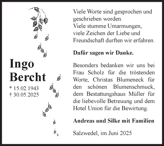 Traueranzeige von Ingo Brecht von Volksstimme Altmark West