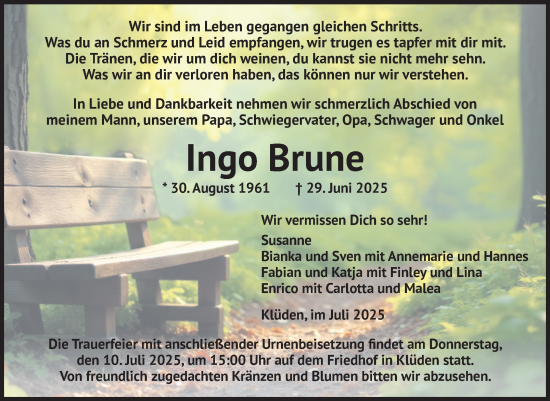 Traueranzeige von Ingo Brune von Volksstimme Haldensleben/Wolmirstedt