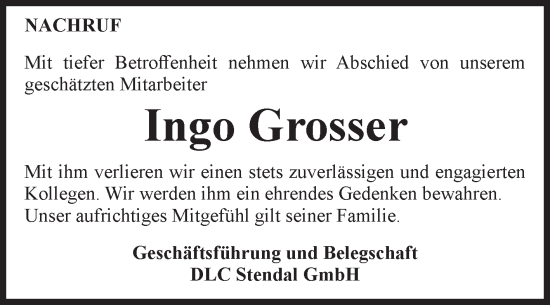 Traueranzeige von Ingo Grosser von Volksstimme Altmark Ost
