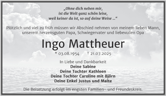 Traueranzeige von Ingo Mattheuer von Trauerkombi Wittenberg