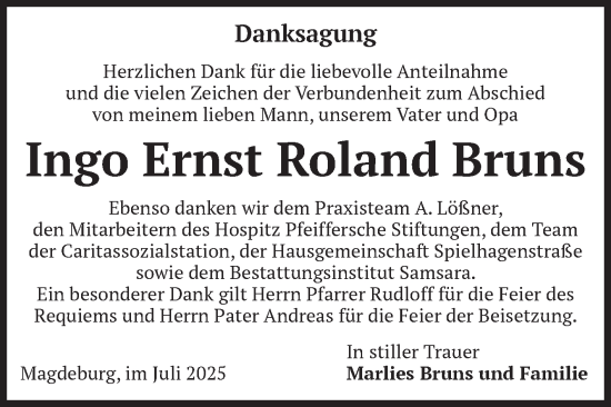 Traueranzeige von Ingo Ernst Roland Bruns von Volksstimme Magdeburg