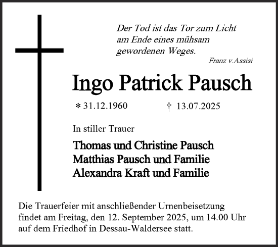 Traueranzeige von Ingo Patrick Pausch von Trauerkombi Dessau