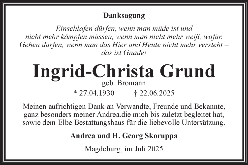 Traueranzeige für Ingrid-Christa Grund vom 26.07.2025 aus Volksstimme Magdeburg