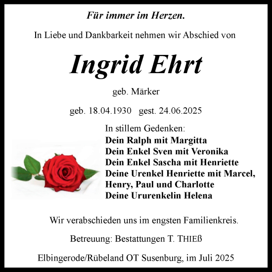 Traueranzeige von Ingrid Ehrt von Volksstimme Wernigerode
