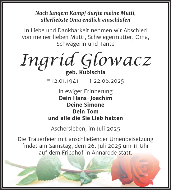Traueranzeige von Ingrid Glowacz von Trauerkombi Mansfelder Land