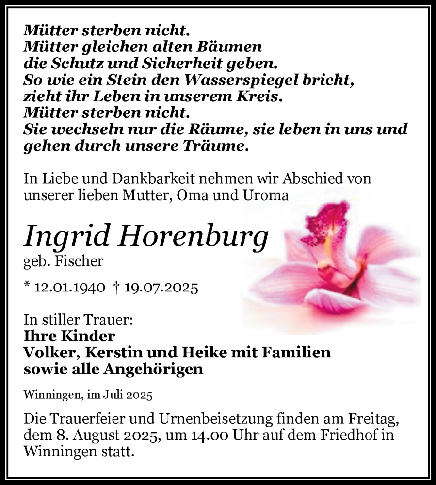  Traueranzeige für Ingrid Horenburg vom 26.07.2025 aus Trauerkombi Aschersleben
