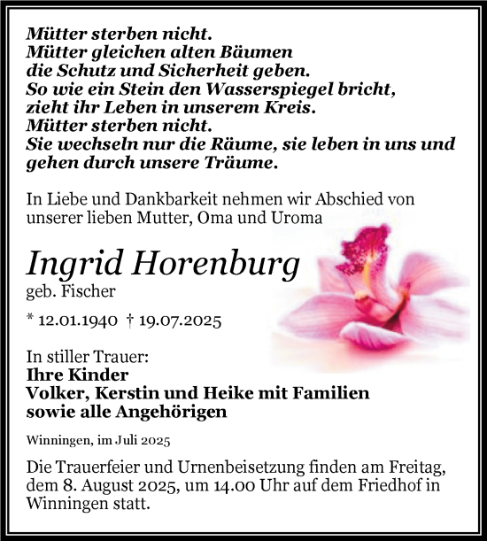 Traueranzeige von Ingrid Horenburg von Trauerkombi Aschersleben