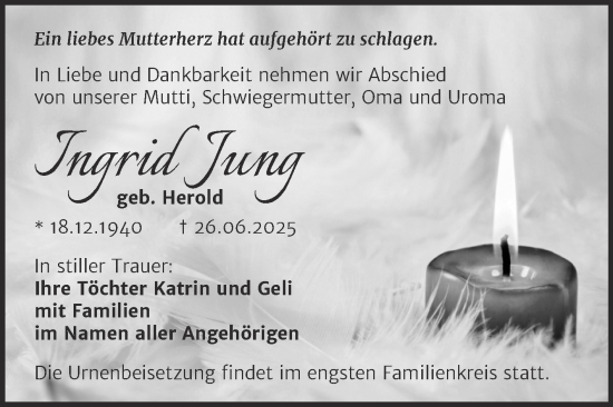 Traueranzeige von Ingrid Jung von Trauerkombi Merseburg