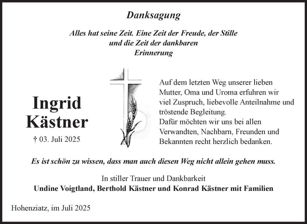  Traueranzeige für Ingrid Kästner vom 26.07.2025 aus Volksstimme Burg/Genthin