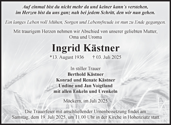 Traueranzeige von Ingrid Kästner von Volksstimme Burg/Genthin