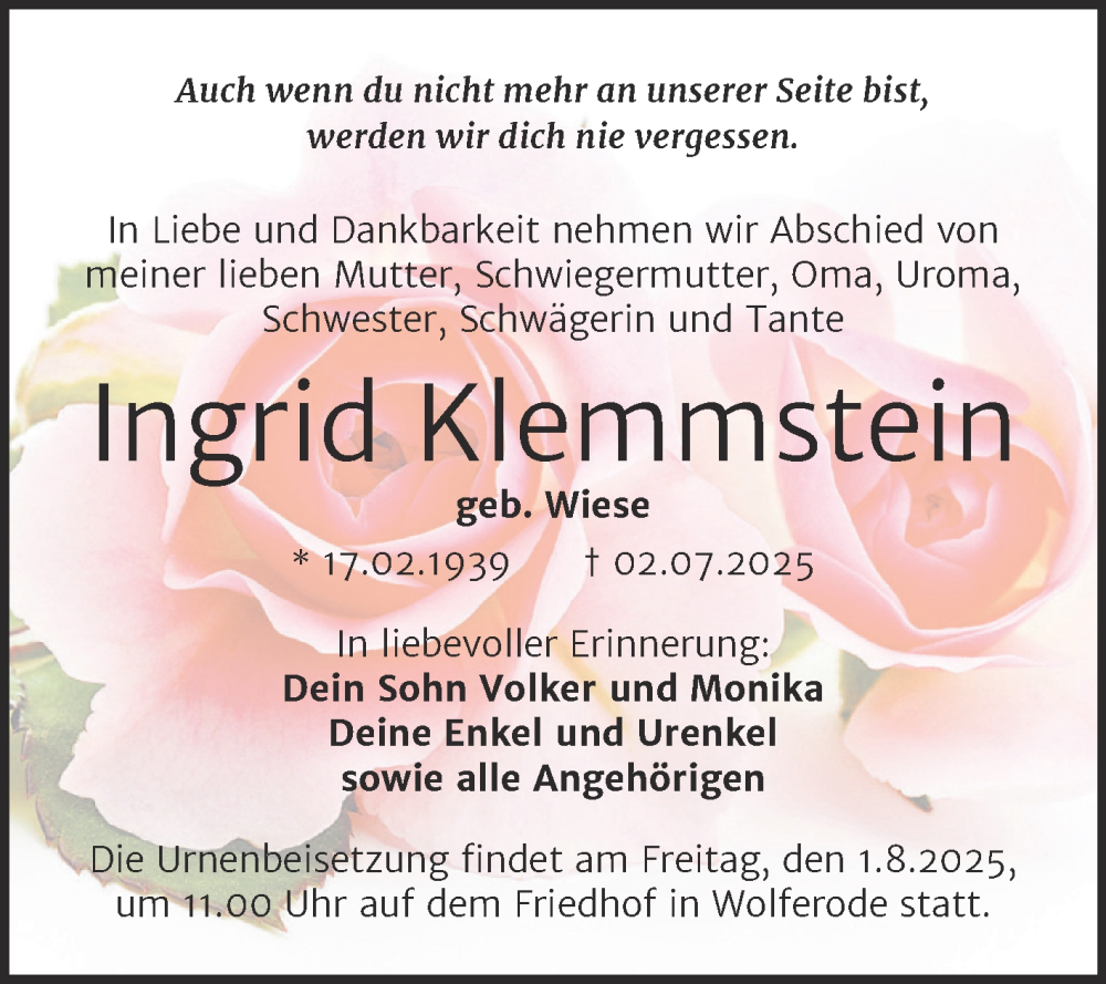  Traueranzeige für Ingrid Klemmstein vom 26.07.2025 aus Trauerkombi Mansfelder Land
