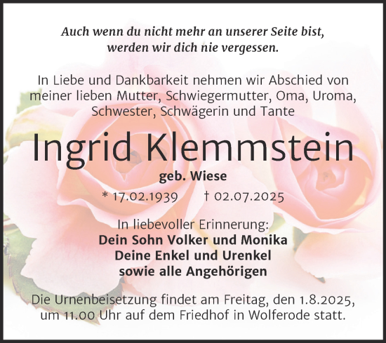 Traueranzeige von Ingrid Klemmstein von Trauerkombi Mansfelder Land