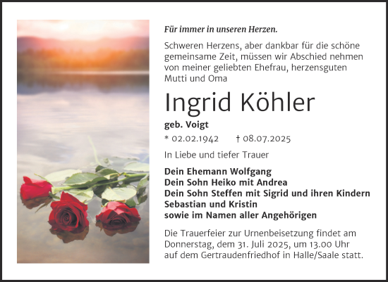 Traueranzeige von Ingrid Köhler von Trauerkombi Merseburg