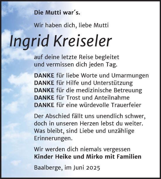 Traueranzeige von Ingrid Kreiseler von Trauerkombi Bernburg