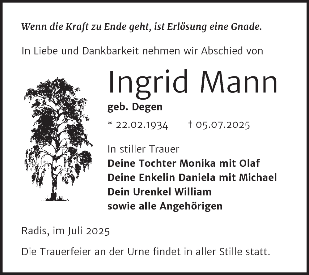  Traueranzeige für Ingrid Mann vom 26.07.2025 aus Trauerkombi Wittenberg