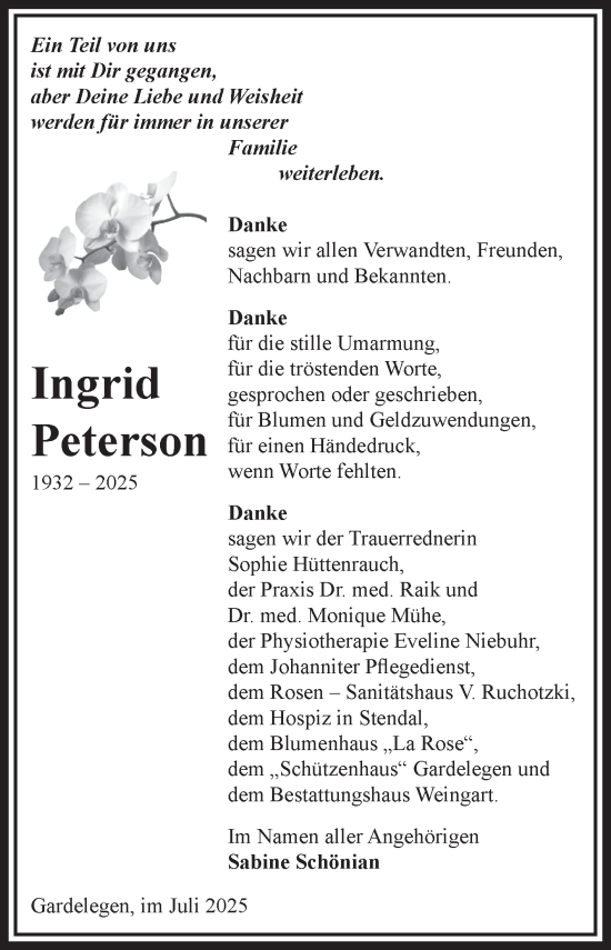 Traueranzeige von Ingrid Peterson von Volksstimme Altmark West