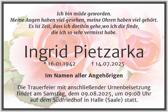 Traueranzeige von Ingrid Pietzarka von Mitteldeutsche Zeitung Halle/Saalkreis