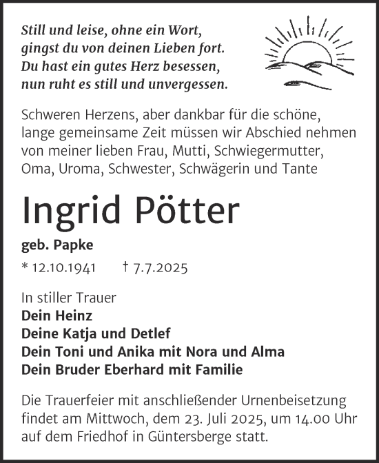 Traueranzeige von Ingrid Pötter von Trauerkombi Quedlinburg