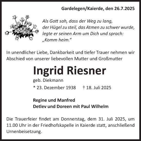 Traueranzeige von Ingrid Riesner von Volksstimme Altmark West