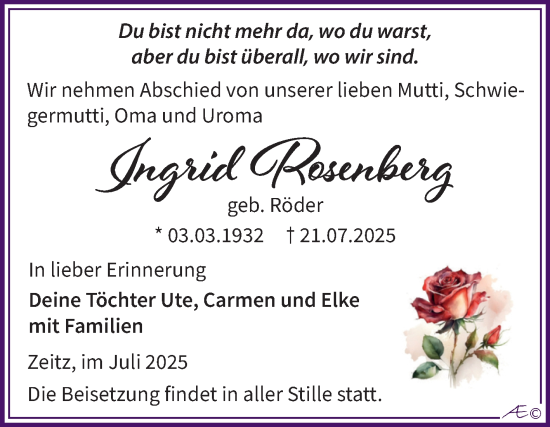Traueranzeige von Ingrid Rosenberg von Trauerkombi Zeitz