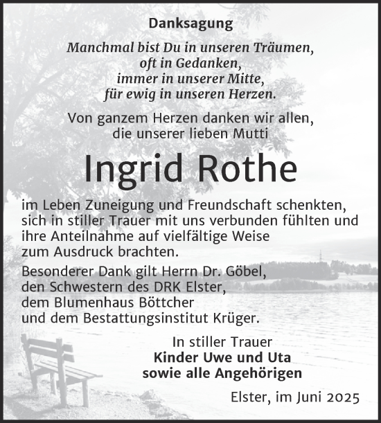 Traueranzeige von Ingrid Rothe von Trauerkombi Wittenberg