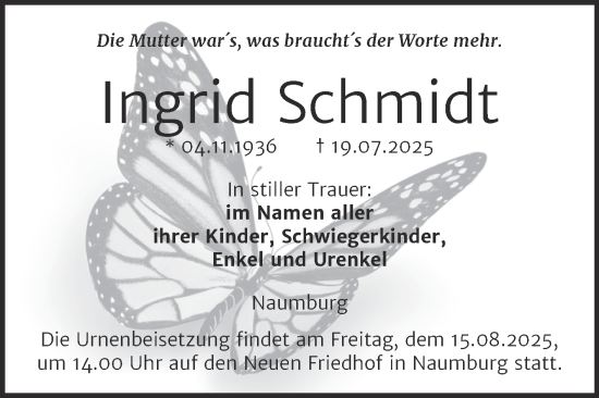 Traueranzeige von Ingrid Schmidt von Naumburger Tageblatt