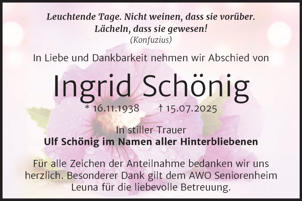  Traueranzeige für Ingrid Schönig vom 26.07.2025 aus Trauerkombi Merseburg