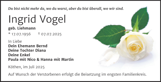 Traueranzeige von Ingrid Vogel von Trauerkombi Köthen