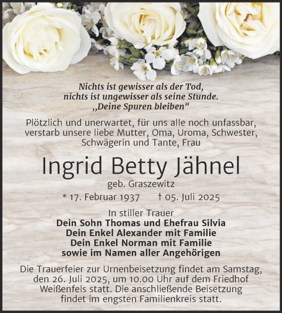 Traueranzeige von Ingrid Betty Jähnel von Mitteldeutsche Zeitung Weißenfels