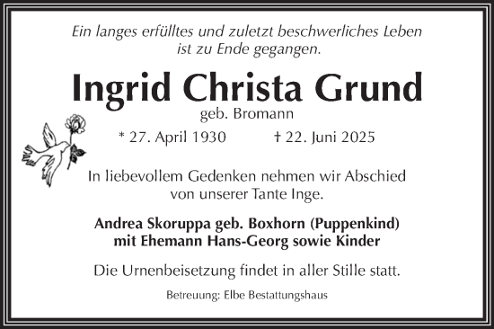 Traueranzeige von Ingrid Christa Grund von Volksstimme Magdeburg