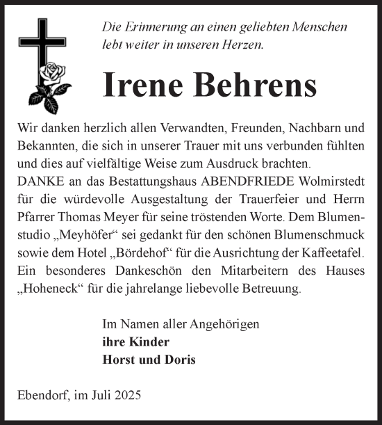 Traueranzeige von Irene Behrens von Volksstimme Haldensleben/Wolmirstedt