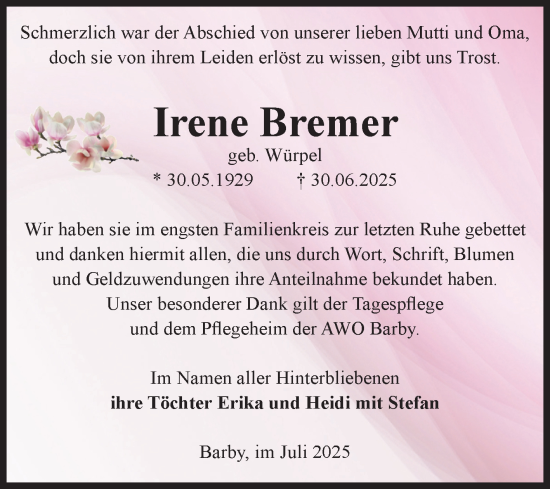 Traueranzeige von Irene Bremer von Volksstimme Schönebeck