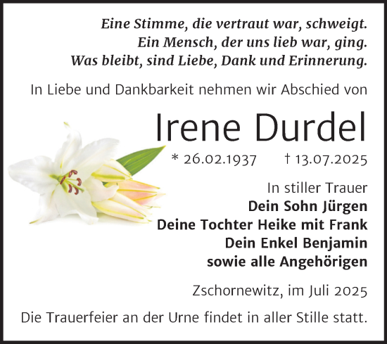 Traueranzeige von Irene Durdel von Trauerkombi Wittenberg