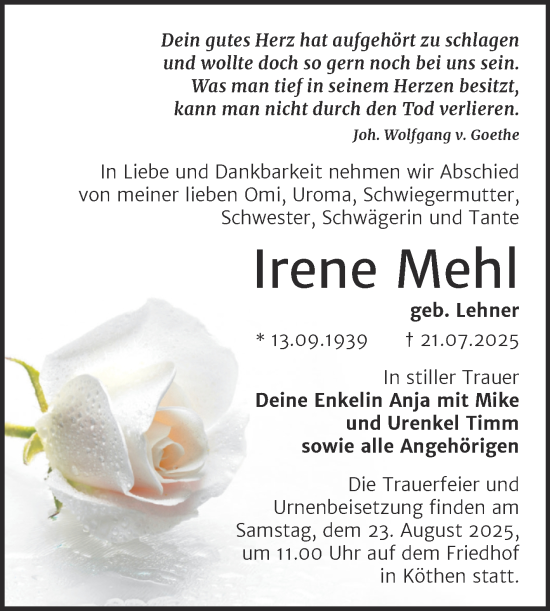 Traueranzeige von Irene Mehl von Trauerkombi Köthen