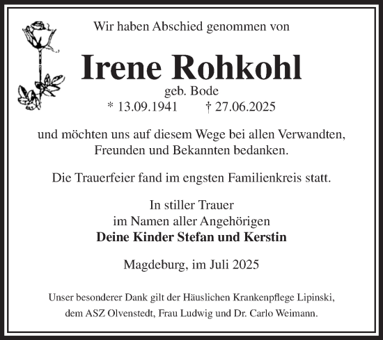 Traueranzeige von Irene Rohkohl von Volksstimme Magdeburg
