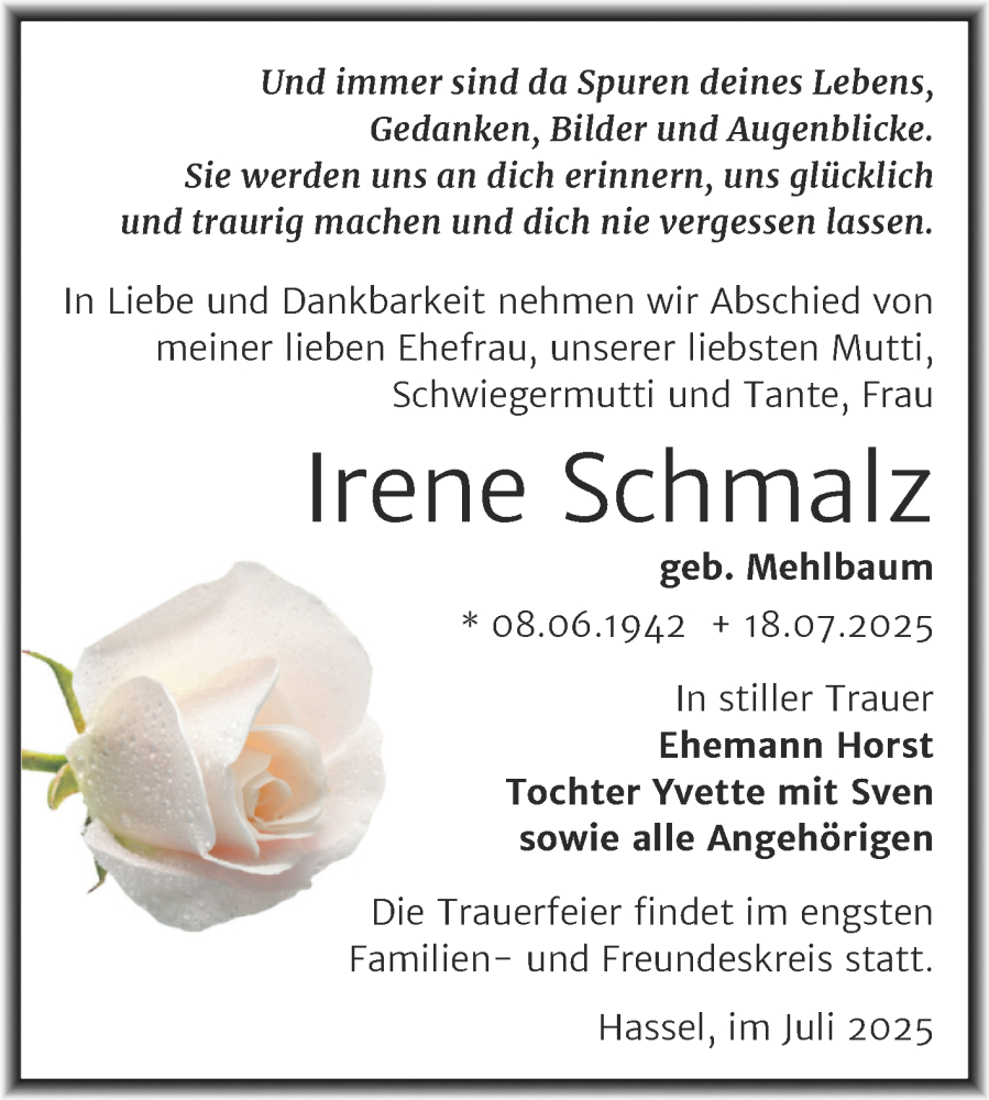  Traueranzeige für Irene Schmalz vom 26.07.2025 aus Trauerkombi Zeitz