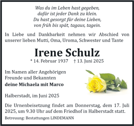 Traueranzeige von Irene Schulz von Volksstimme Halberstadt