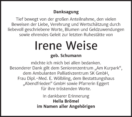 Traueranzeige von Irene Weise von Trauerkombi Merseburg
