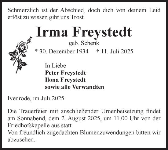 Traueranzeige von Irma Freystedt von Volksstimme Haldensleben/Wolmirstedt