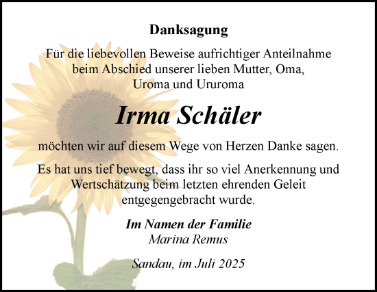 Traueranzeige von Irma Schäler von Volksstimme Altmark Ost