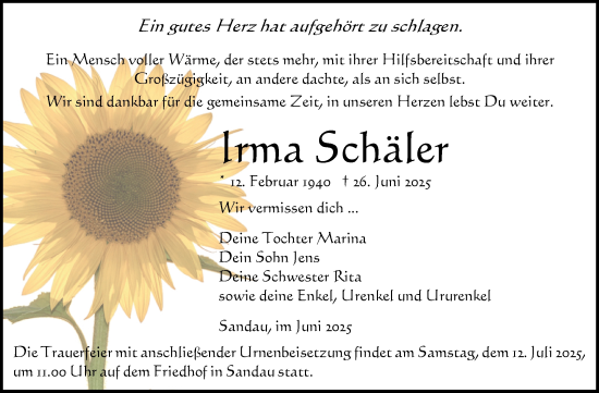 Traueranzeige von Irma Schäler von Volksstimme Altmark Ost