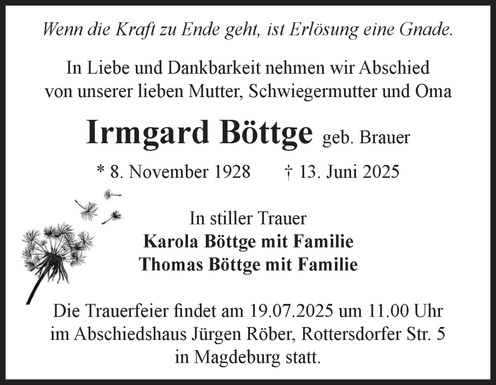 Traueranzeige für Irmgard Böttge vom 05.07.2025 aus Volksstimme Burg/Genthin