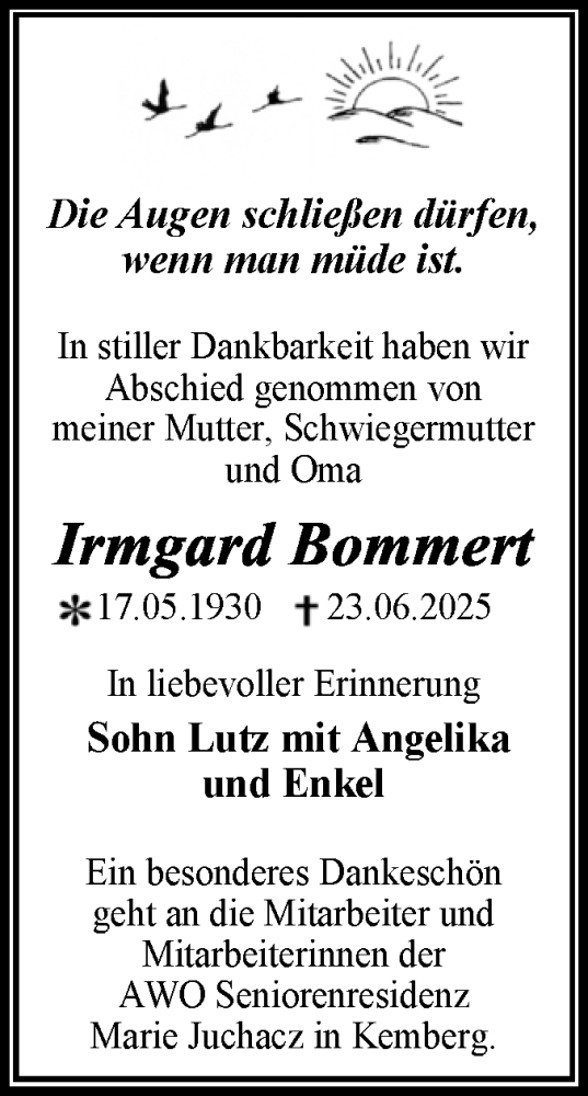 Traueranzeige von Irmgard Bommert von Trauerkombi Wittenberg