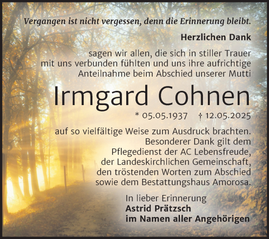 Traueranzeige von Irmgard Cohnen von Trauerkombi Dessau