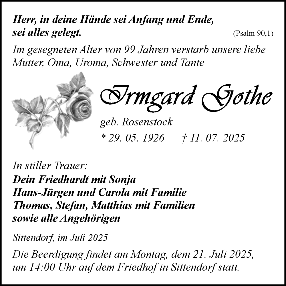  Traueranzeige für Irmgard Gothe vom 19.07.2025 aus Trauerkombi Sangerhausen