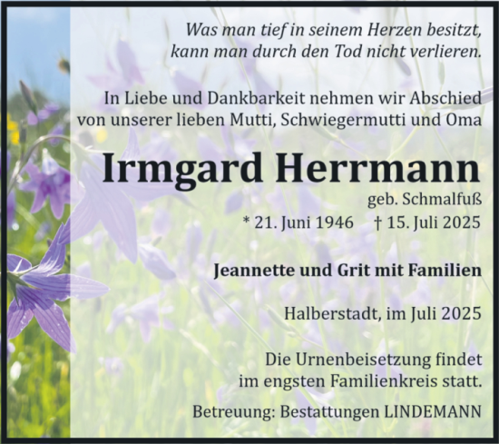 Traueranzeige von Irmgard Herrmann von Volksstimme Halberstadt