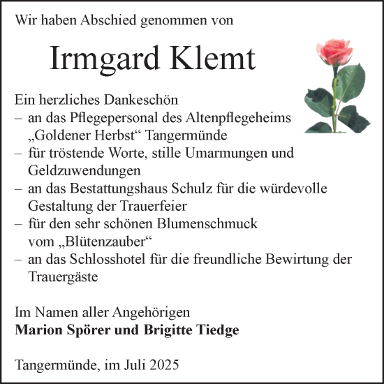 Traueranzeige von Irmgard Klemt von Volksstimme Altmark Ost
